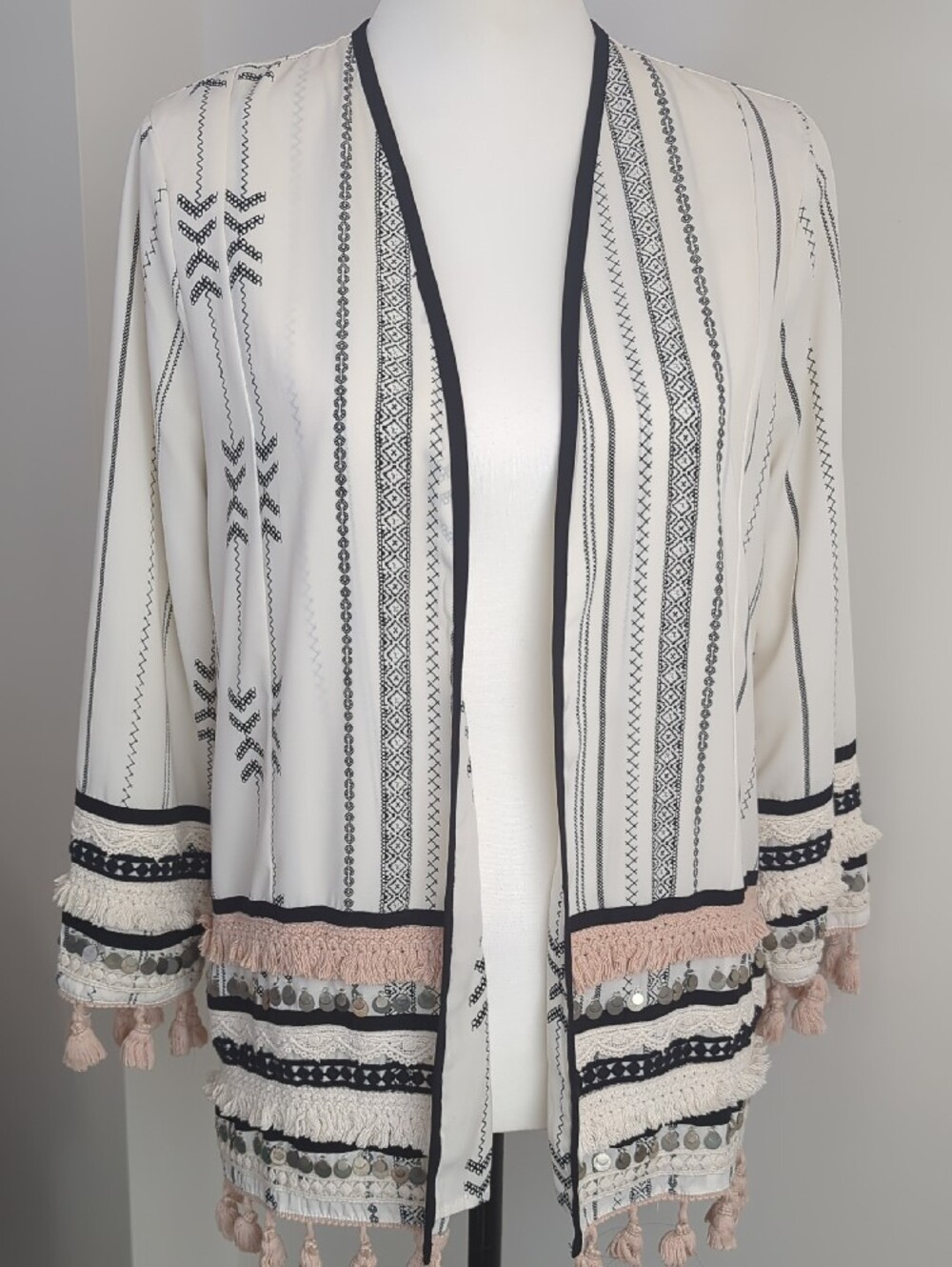 NWOT River Island Embellished Boho Kimono Jacket Fringe Tassel Coin Open Front